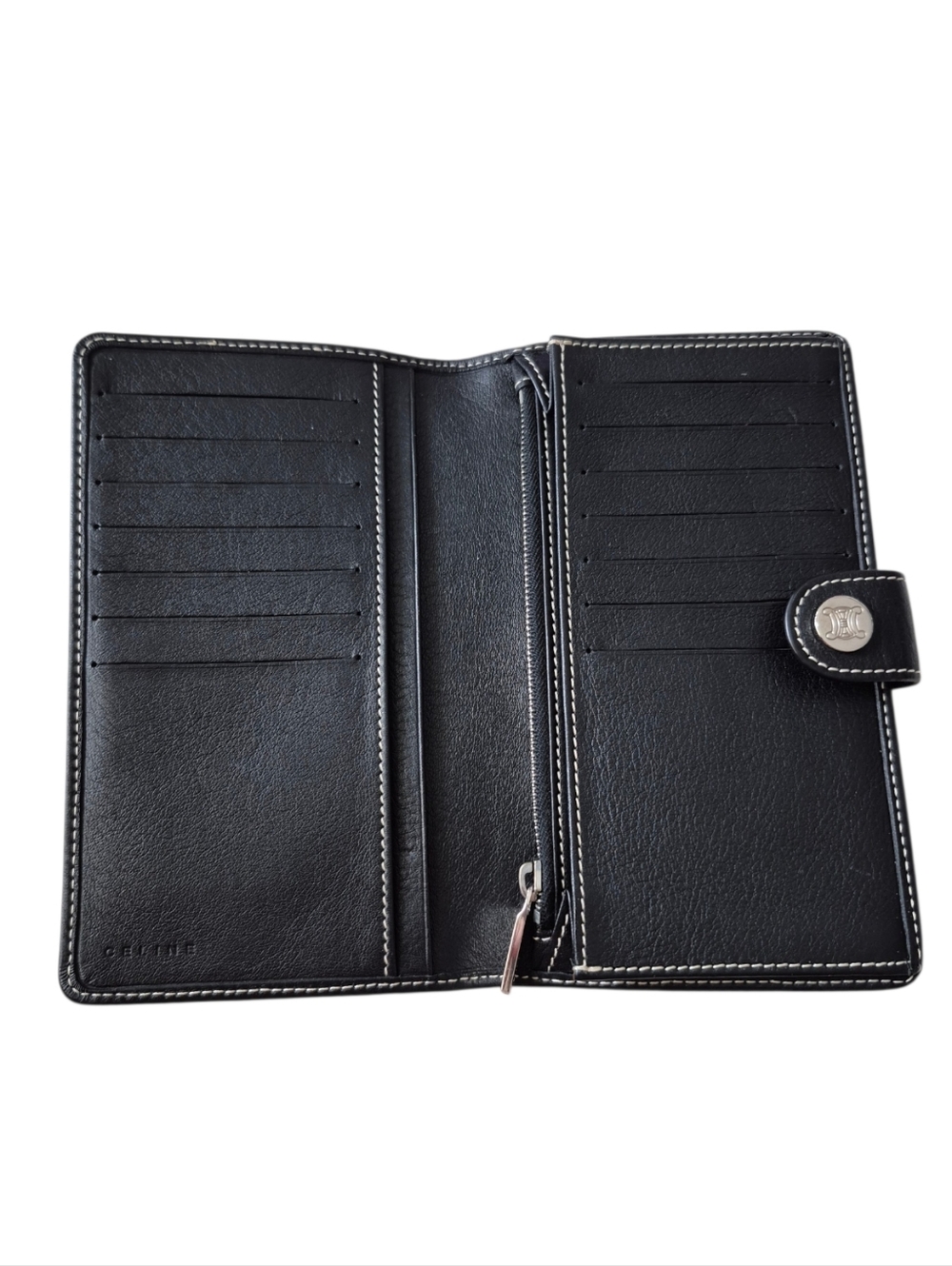 Celine Paris Black Grey Triomphe Fabric Leather Long Wallet - Picture 3 of 13
